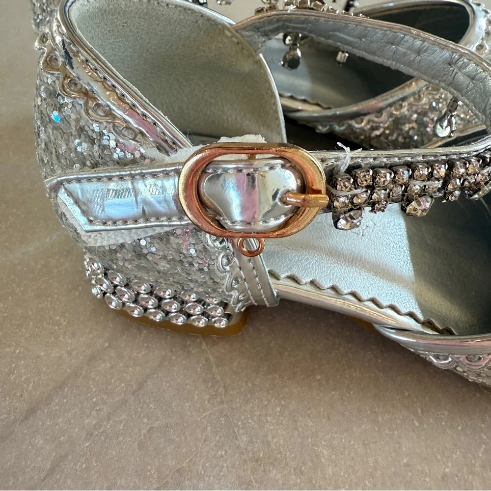 Trish Scully Miss Rodeo Silver Glitter Dress Shoes Girls Size 12 Jeweled Strap